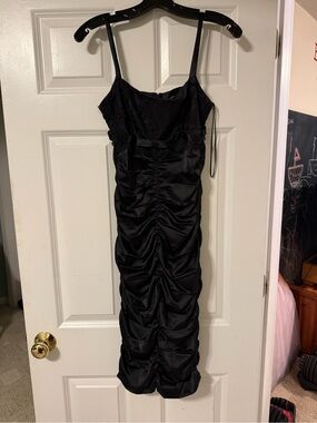 Mandalay Black Ruched Midi Dress with Bow Detail